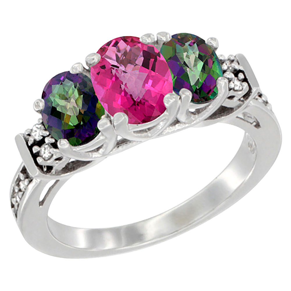 14K White Gold Natural Pink Topaz & Mystic Topaz Ring 3-Stone Oval Diamond Accent, sizes 5-10