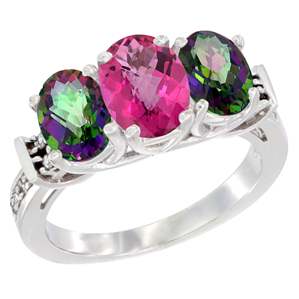 14K White Gold Natural Pink Topaz & Mystic Topaz Sides Ring 3-Stone Oval Diamond Accent, sizes 5 - 10