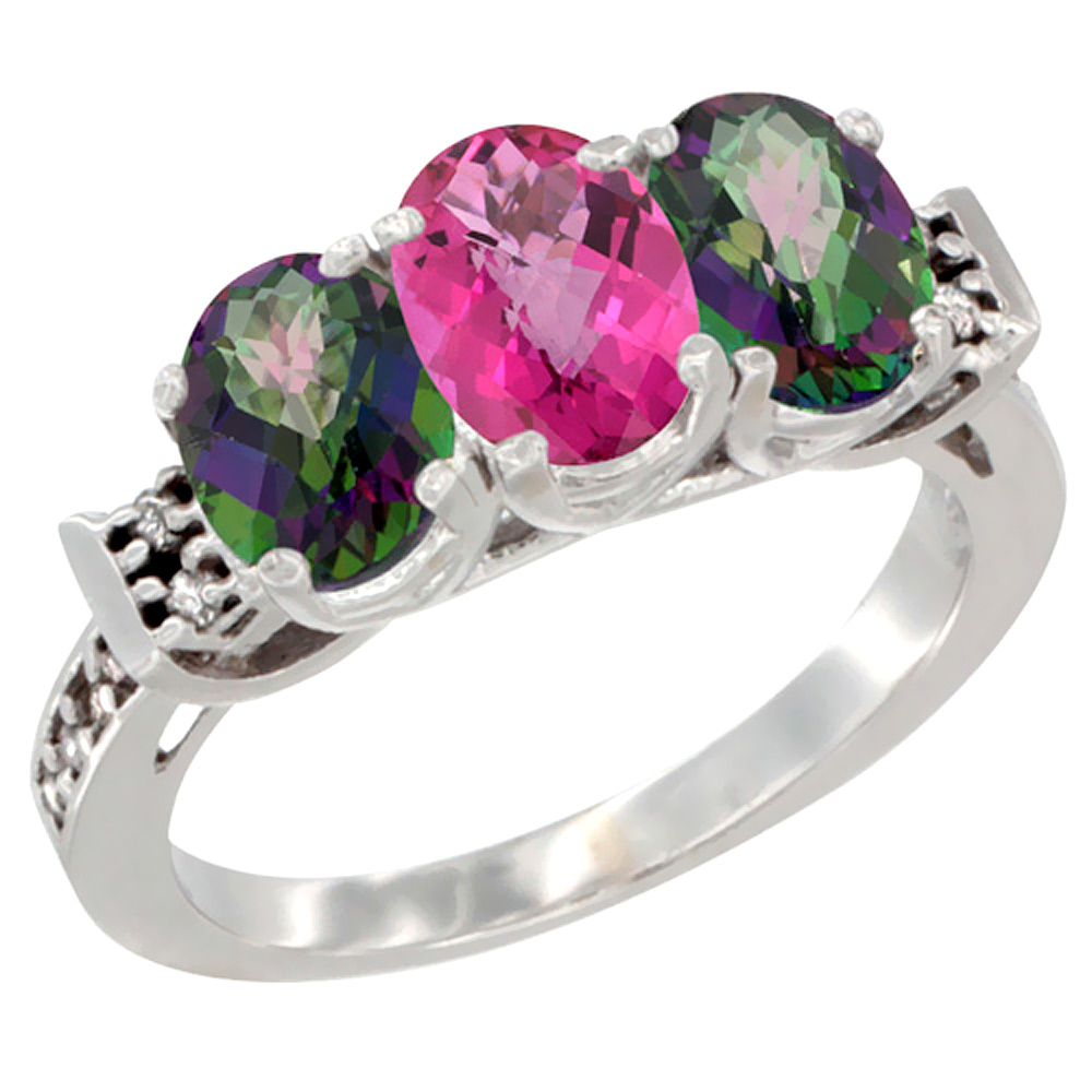 10K White Gold Natural Pink Topaz &amp; Mystic Topaz Sides Ring 3-Stone Oval 7x5 mm Diamond Accent, sizes 5 - 10