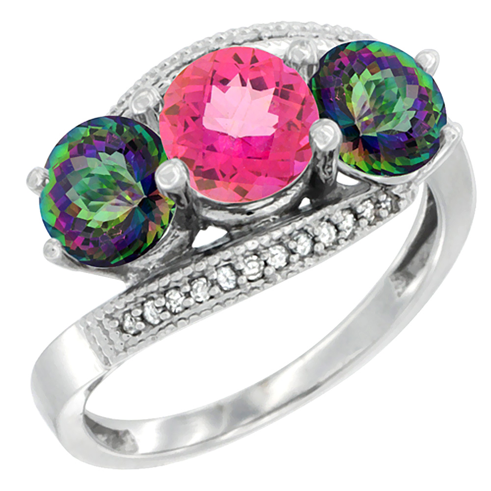 14K White Gold Natural Pink Topaz &amp; Mystic Topaz Sides 3 stone Ring Round 6mm Diamond Accent, sizes 5 - 10