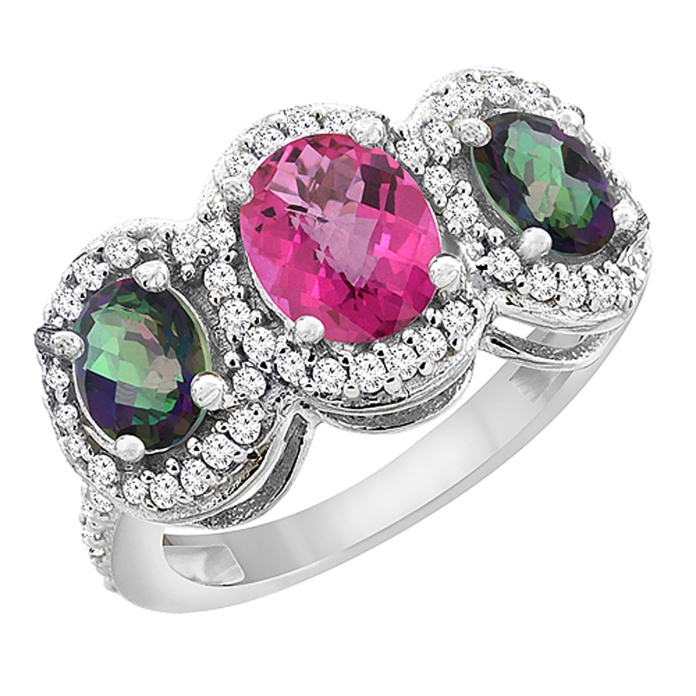 14K White Gold Natural Pink Topaz &amp; Mystic Topaz 3-Stone Ring Oval Diamond Accent, sizes 5 - 10