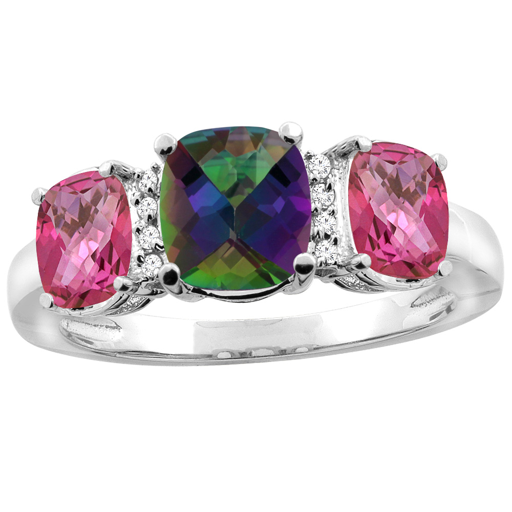 10K White Gold Natural Mystic Topaz &amp; Pink Topaz 3-stone Ring Cushion 8x6mm Diamond Accent, sizes 5 - 10