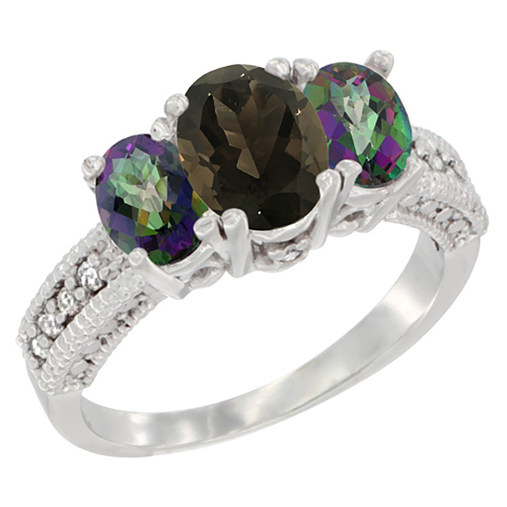 10K White Gold Diamond Natural Smoky Topaz Ring Oval 3-stone with Mystic Topaz, sizes 5 - 10