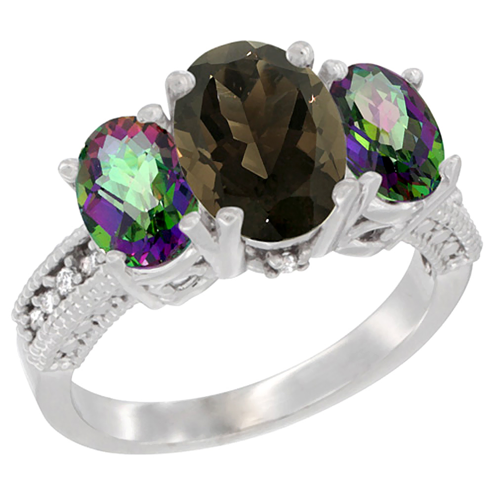 14K White Gold Diamond Natural Smoky Topaz Ring 3-Stone Oval 8x6mm with Mystic Topaz, sizes5-10