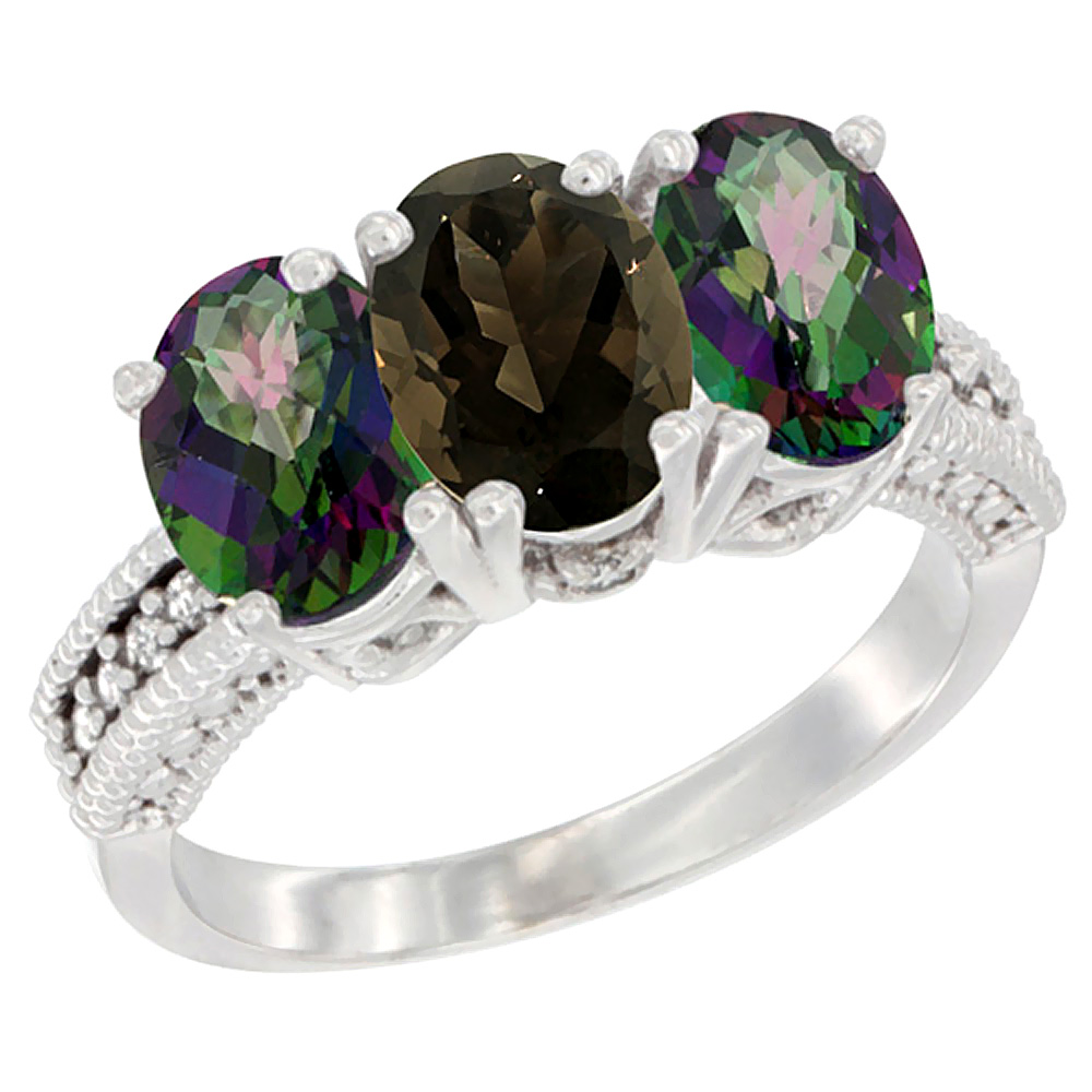 10K White Gold Natural Smoky Topaz & Mystic Topaz Sides Ring 3-Stone Oval 7x5 mm Diamond Accent, sizes 5 - 10