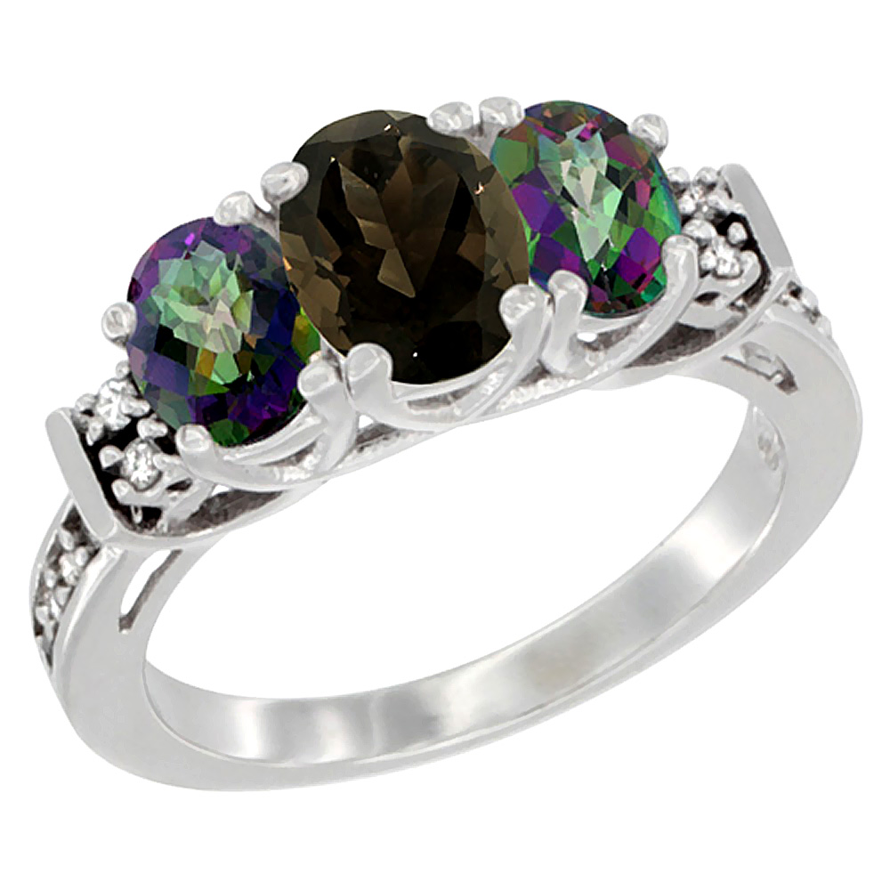 14K White Gold Natural Smoky Topaz & Mystic Topaz Ring 3-Stone Oval Diamond Accent, sizes 5-10