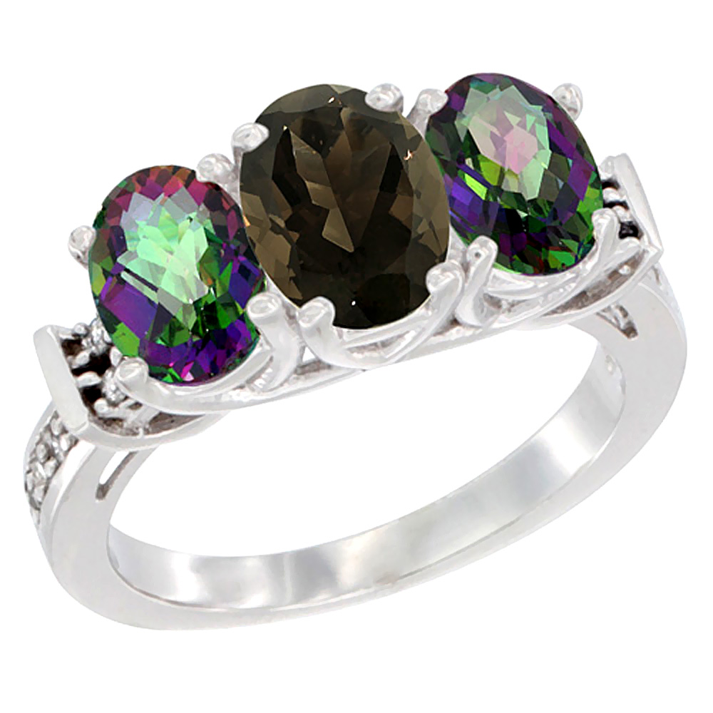 14K White Gold Natural Smoky Topaz & Mystic Topaz Sides Ring 3-Stone Oval Diamond Accent, sizes 5 - 10