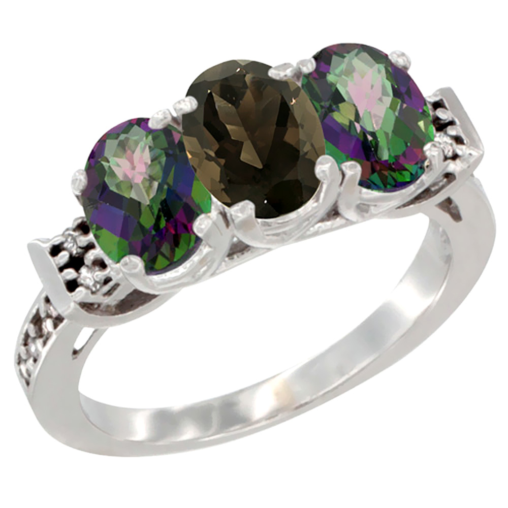 10K White Gold Natural Smoky Topaz & Mystic Topaz Sides Ring 3-Stone Oval 7x5 mm Diamond Accent, sizes 5 - 10
