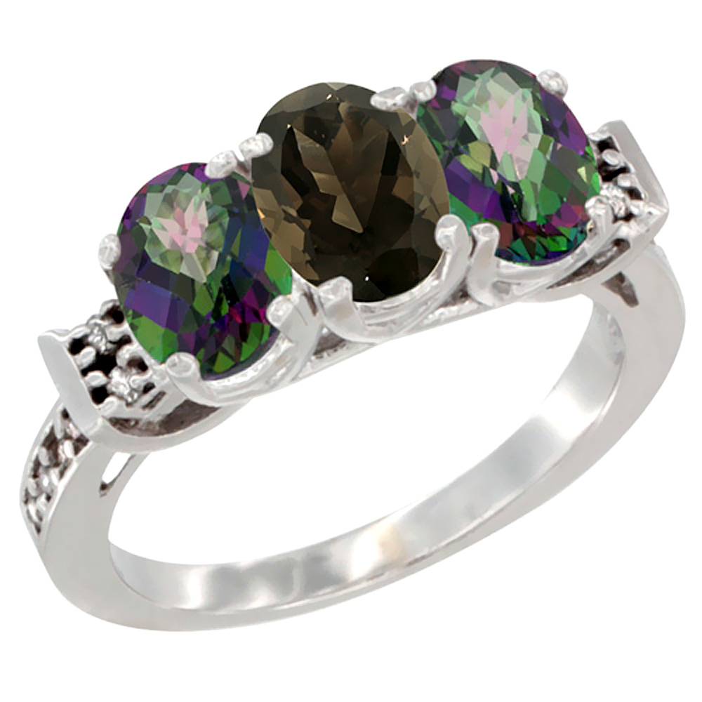 14K White Gold Natural Smoky Topaz & Mystic Topaz Sides Ring 3-Stone Oval 7x5 mm Diamond Accent, sizes 5 - 10