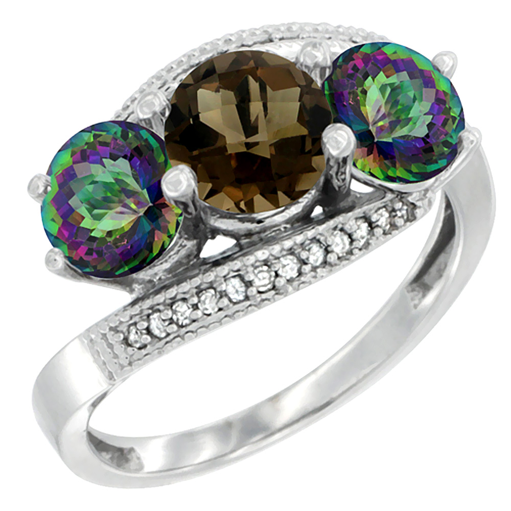 14K White Gold Natural Smoky Topaz &amp; Mystic Topaz Sides 3 stone Ring Round 6mm Diamond Accent, sizes 5 - 10