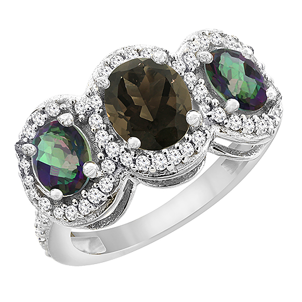 14K White Gold Natural Smoky Topaz &amp; Mystic Topaz 3-Stone Ring Oval Diamond Accent, sizes 5 - 10