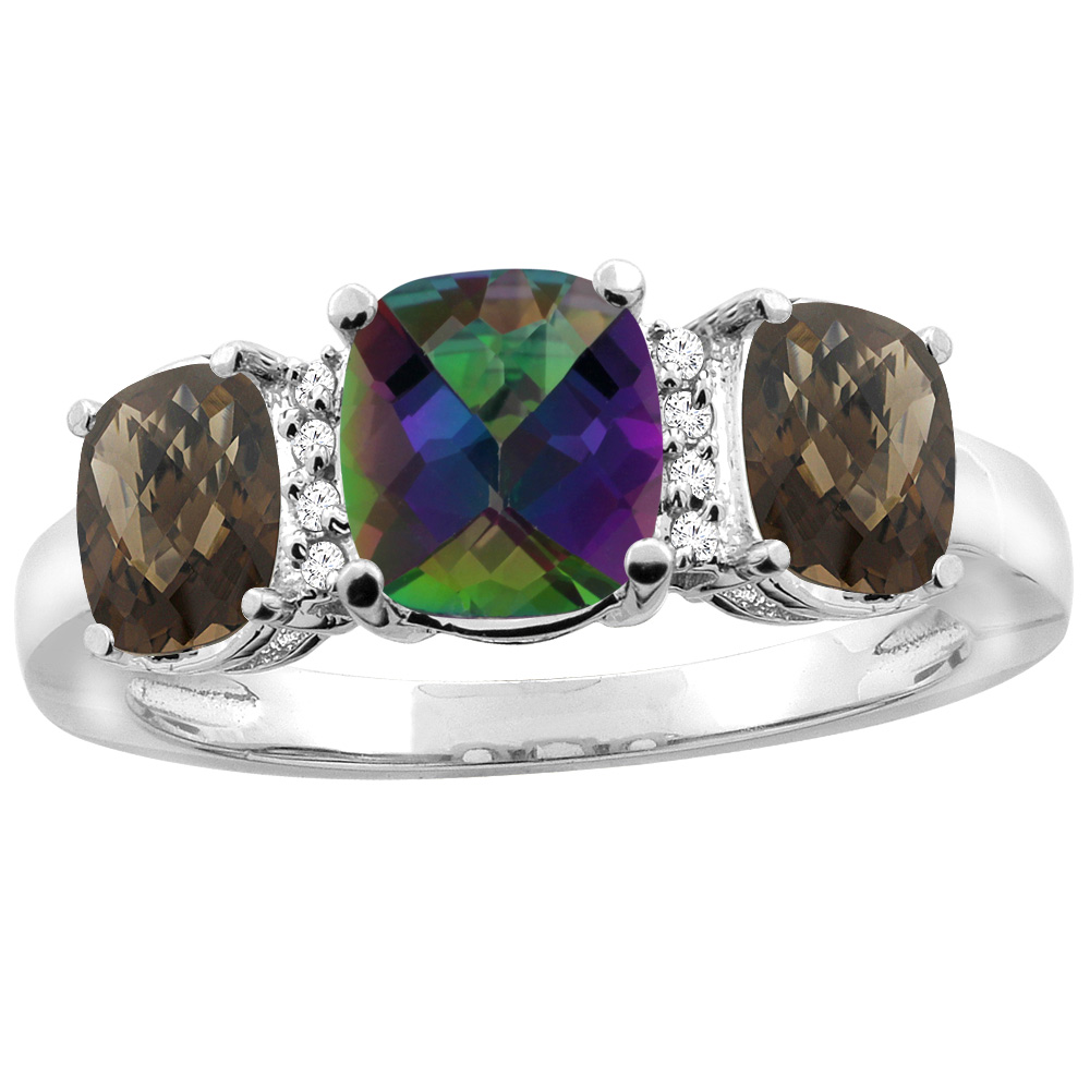 14K White Gold Natural Mystic Topaz & Smoky Topaz 3-stone Ring Cushion 8x6mm Diamond Accent, sizes 5 - 10