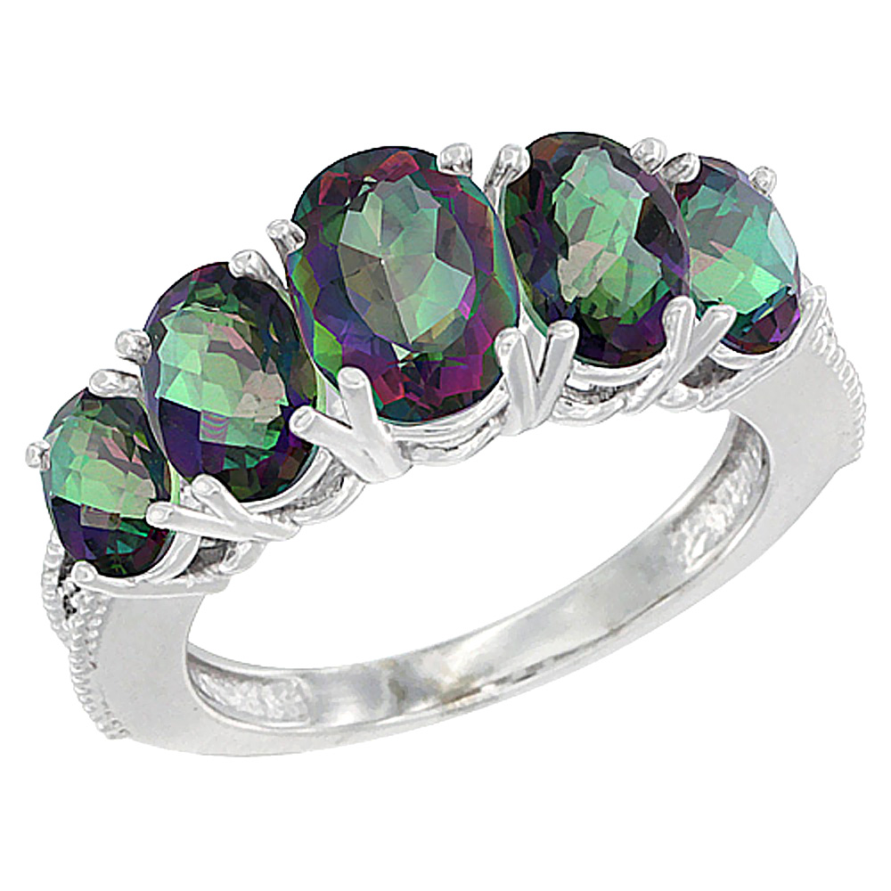 14K White Gold Diamond Natural Mystic Topaz Ring 5-stone Oval 8x6 Ctr,7x5,6x4 sides, sizes 5 - 10