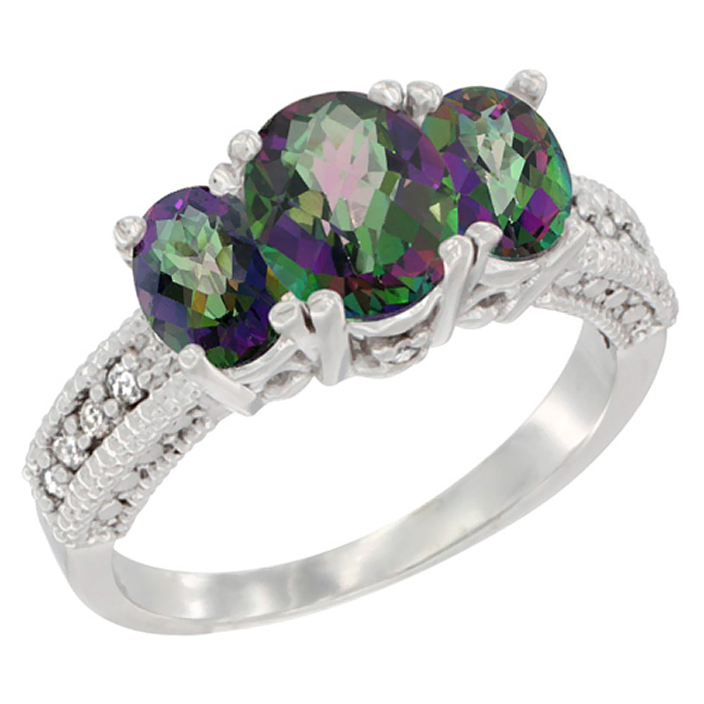 10K White Gold Diamond Natural Mystic Topaz Ring Oval 3-stone, sizes 5 - 10