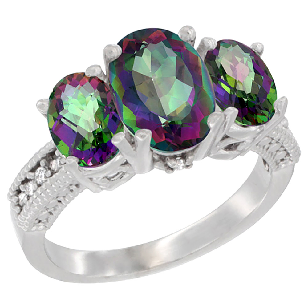 14K White Gold Diamond Natural Mystic Topaz Ring 3-Stone Oval 8x6mm, sizes5-10