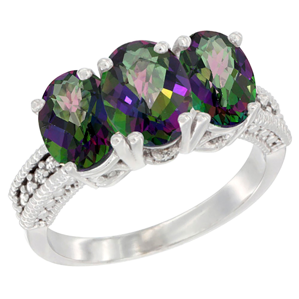 10K White Gold Natural Mystic Topaz Ring 3-Stone Oval 7x5 mm Diamond Accent, sizes 5 - 10