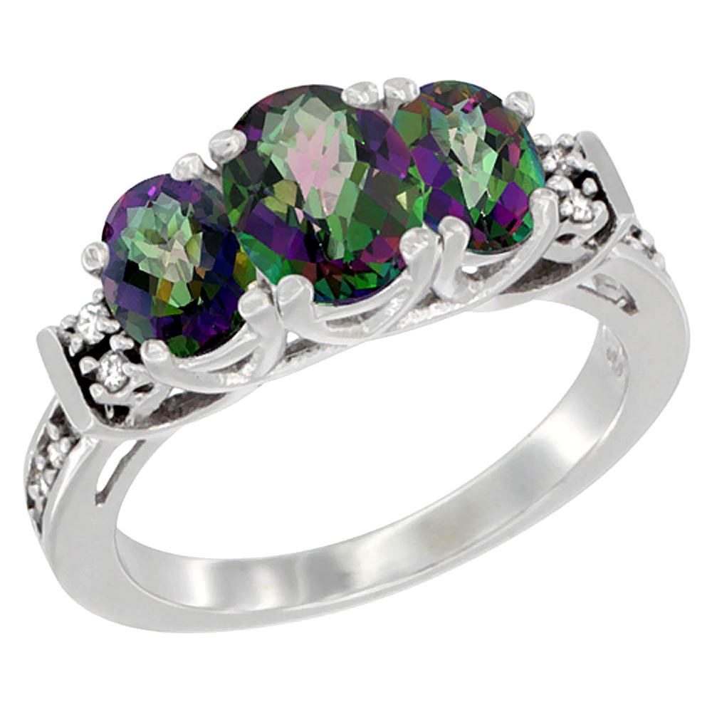 10K White Gold Natural Mystic Topaz Ring 3-Stone Oval Diamond Accent, sizes 5-10