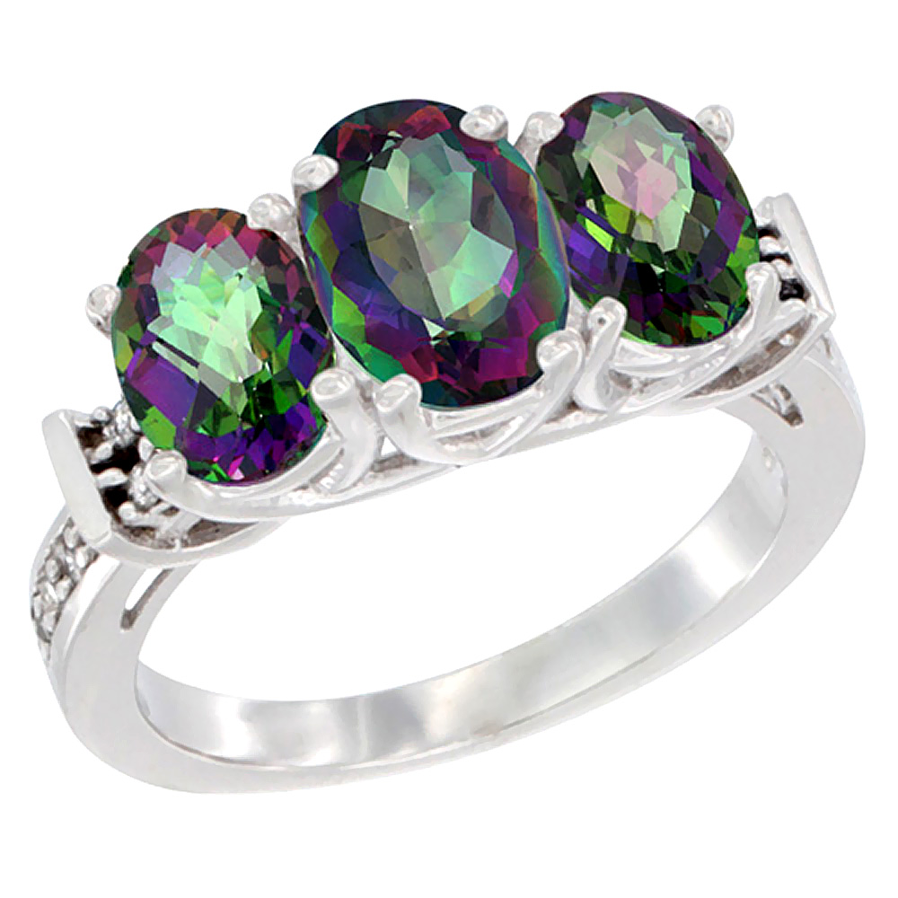 10K White Gold Natural Mystic Topaz Ring 3-Stone Oval Diamond Accent, sizes 5 - 10