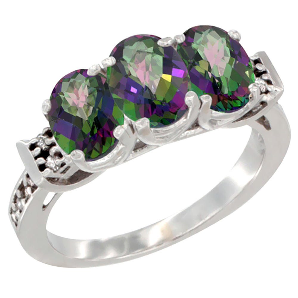 10K White Gold Natural Mystic Topaz Ring 3-Stone Oval 7x5 mm Diamond Accent, sizes 5 - 10