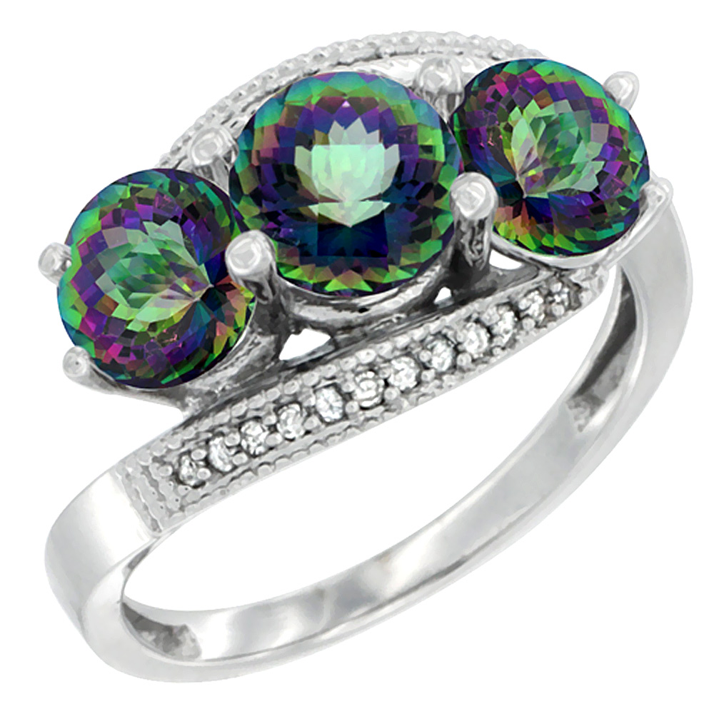 10K White Gold Natural Mystic Topaz 3 stone Ring Round 6mm Diamond Accent, sizes 5 - 10