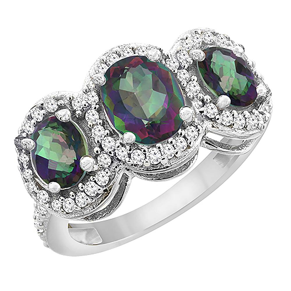 10K White Gold Natural Mystic Topaz 3-Stone Ring Oval Diamond Accent, sizes 5 - 10