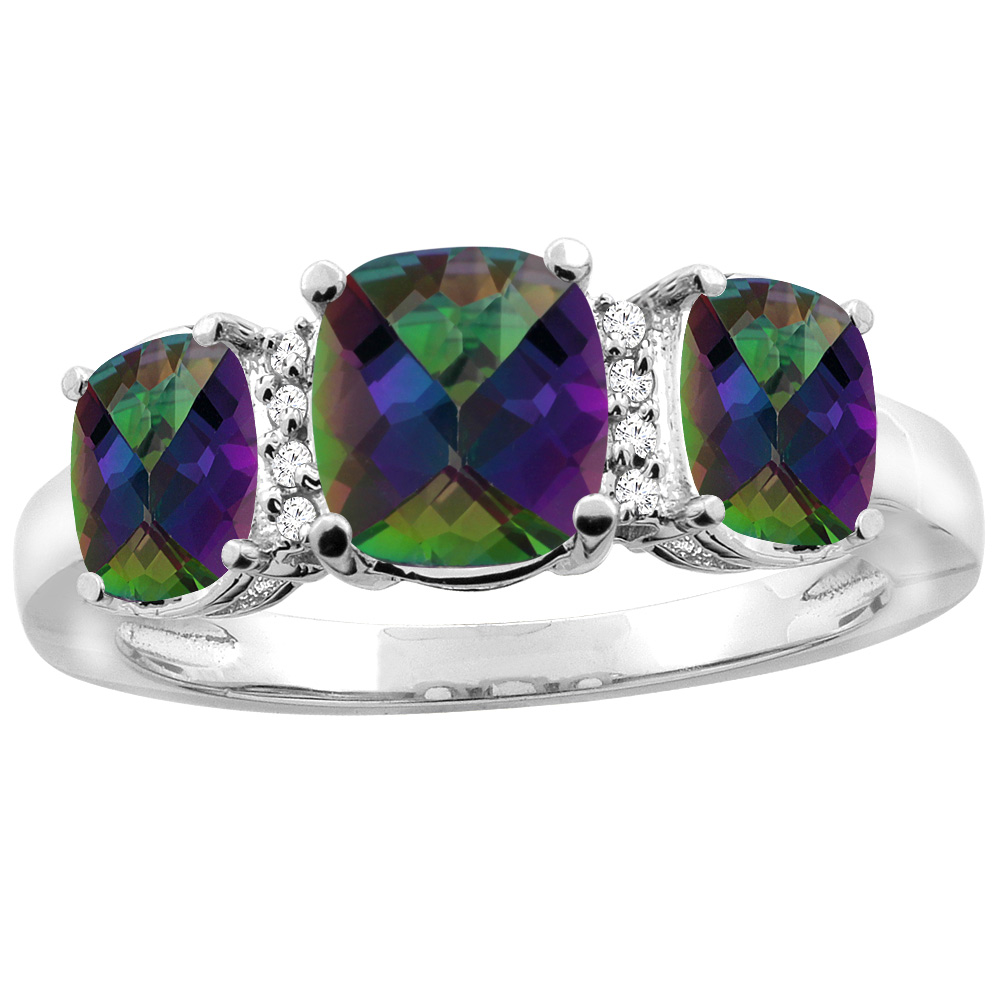 10K White Gold Natural Mystic Topaz 3-stone Ring Cushion 8x6mm Diamond Accent, sizes 5 - 10