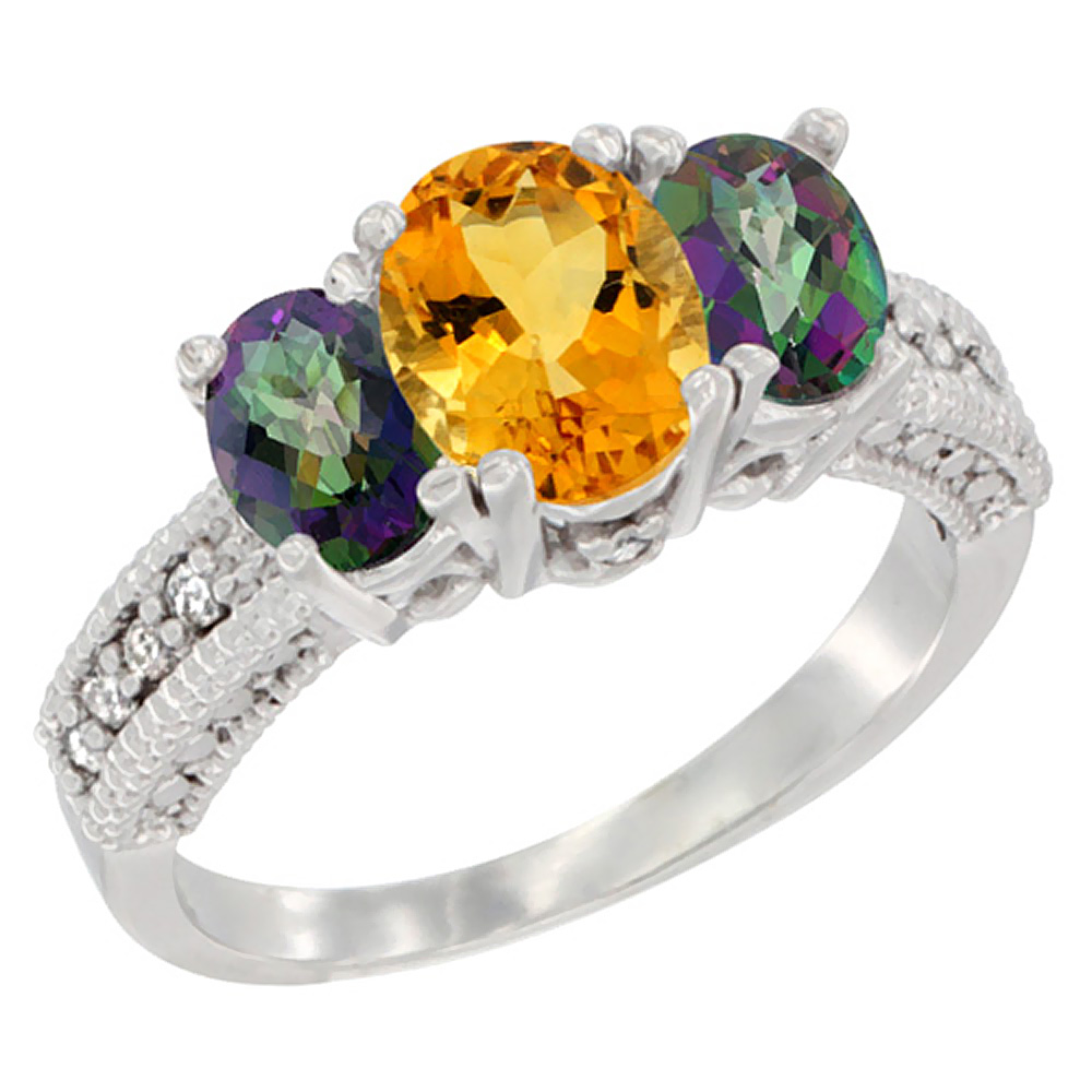 10K White Gold Diamond Natural Citrine Ring Oval 3-stone with Mystic Topaz, sizes 5 - 10