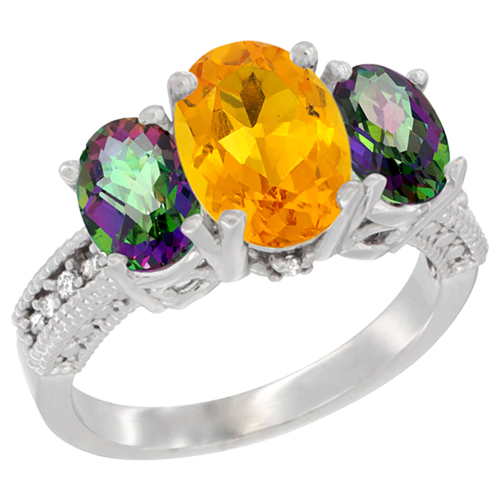 10K White Gold Diamond Natural Citrine Ring 3-Stone Oval 8x6mm with Mystic Topaz, sizes5-10