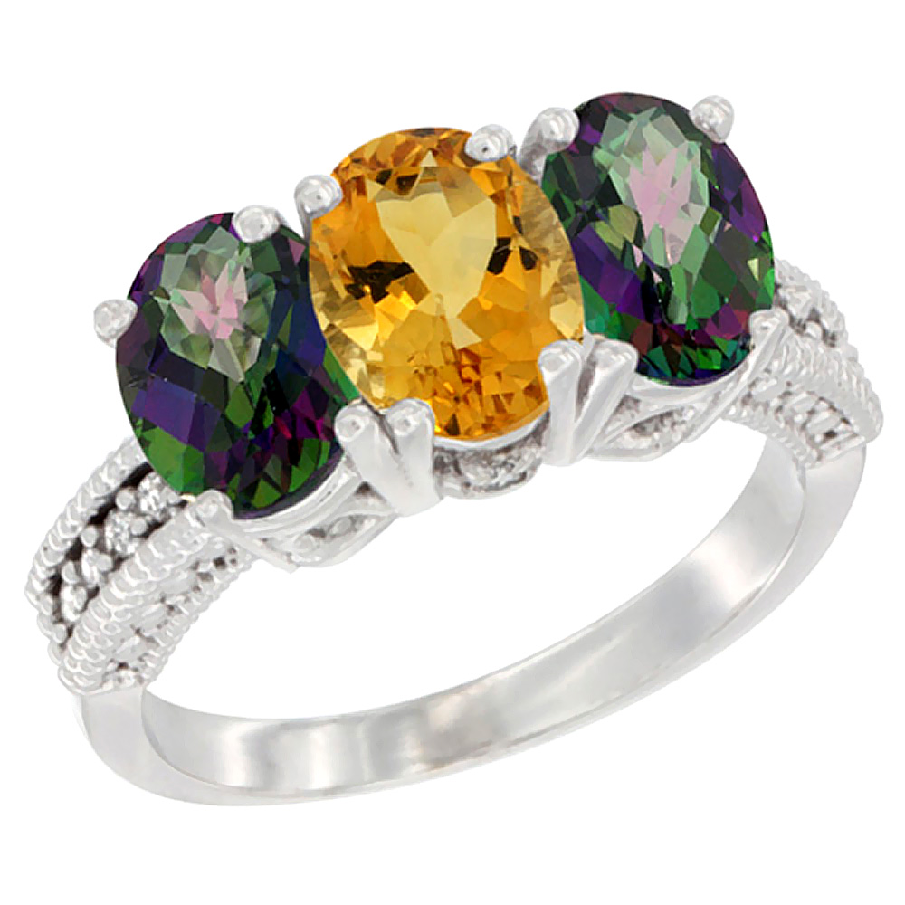 14K White Gold Natural Citrine &amp; Mystic Topaz Sides Ring 3-Stone 7x5 mm Oval Diamond Accent, sizes 5 - 10