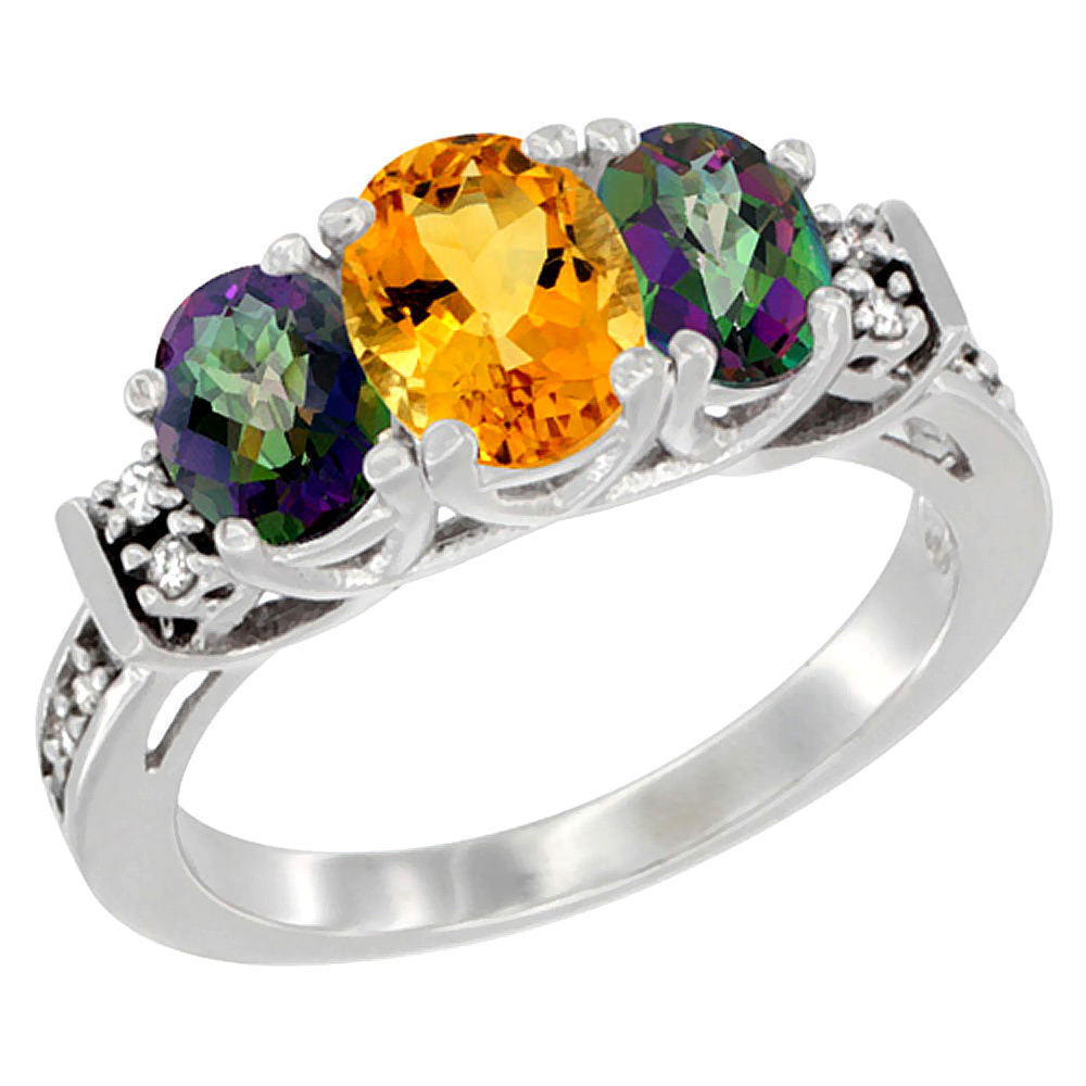 14K White Gold Natural Citrine & Mystic Topaz Ring 3-Stone Oval Diamond Accent, sizes 5-10