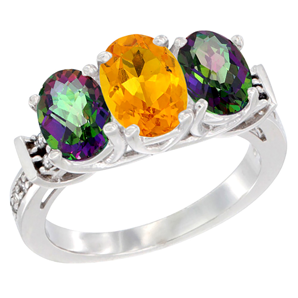 14K White Gold Natural Citrine &amp; Mystic Topaz Sides Ring 3-Stone Oval Diamond Accent, sizes 5 - 10