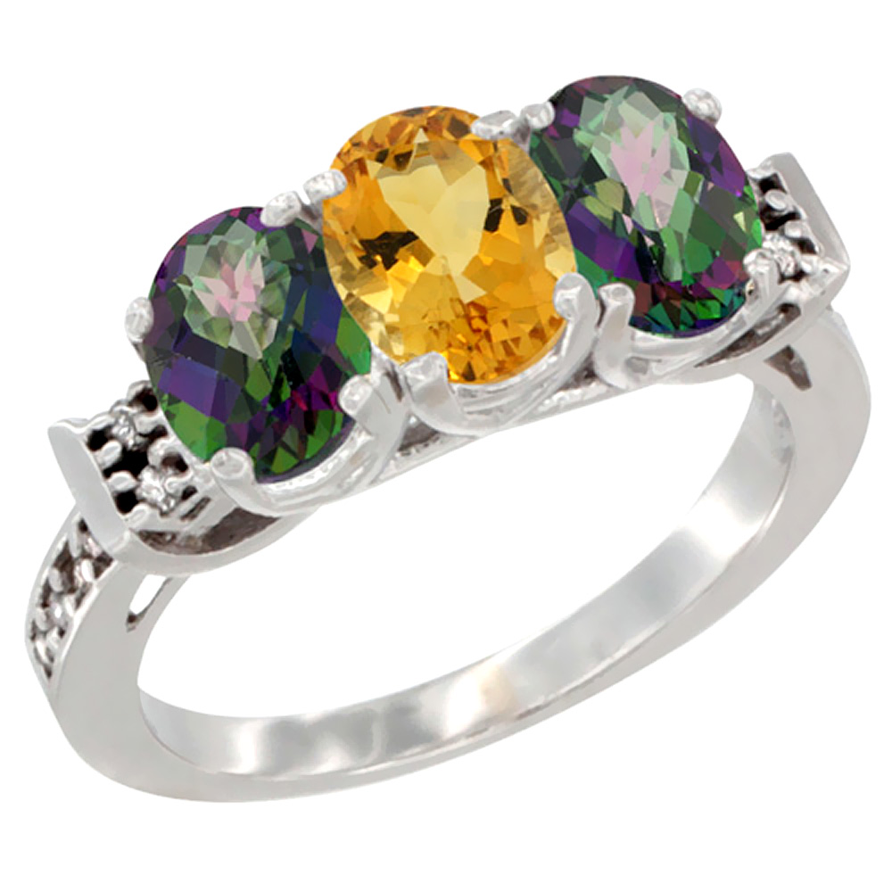 14K White Gold Natural Citrine & Mystic Topaz Sides Ring 3-Stone Oval 7x5 mm Diamond Accent, sizes 5 - 10