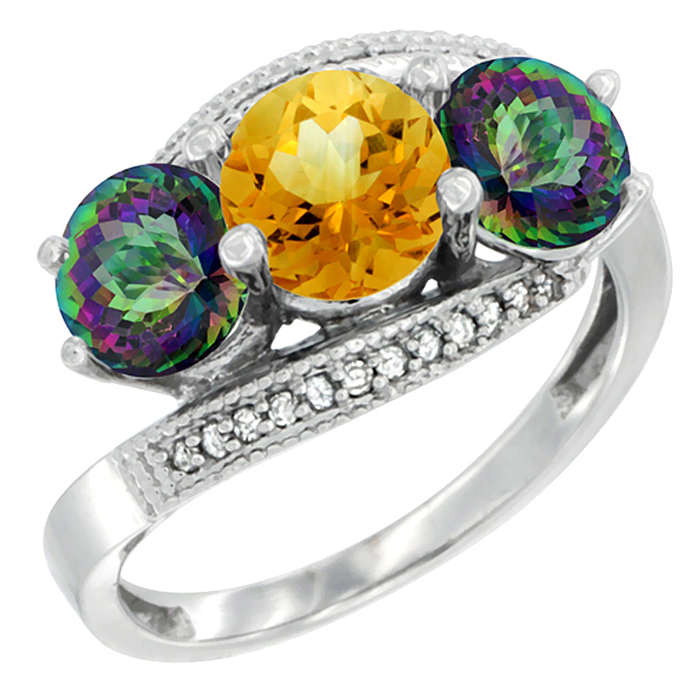 14K White Gold Natural Citrine & Mystic Topaz Sides 3 stone Ring Round 6mm Diamond Accent, sizes 5 - 10