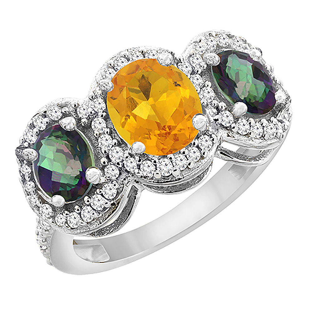 14K White Gold Natural Citrine &amp; Mystic Topaz 3-Stone Ring Oval Diamond Accent, sizes 5 - 10