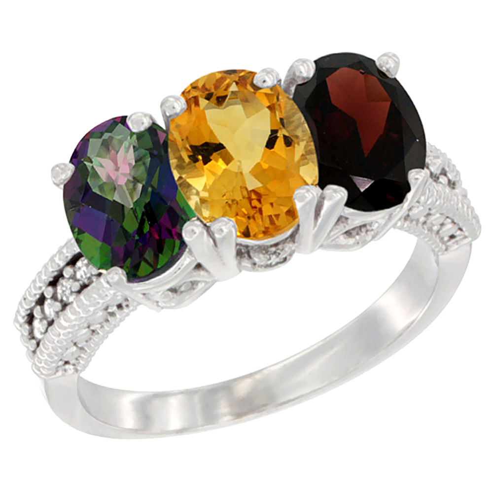 14K White Gold Natural Mystic Topaz, Citrine &amp; Garnet Ring 3-Stone 7x5 mm Oval Diamond Accent, sizes 5 - 10