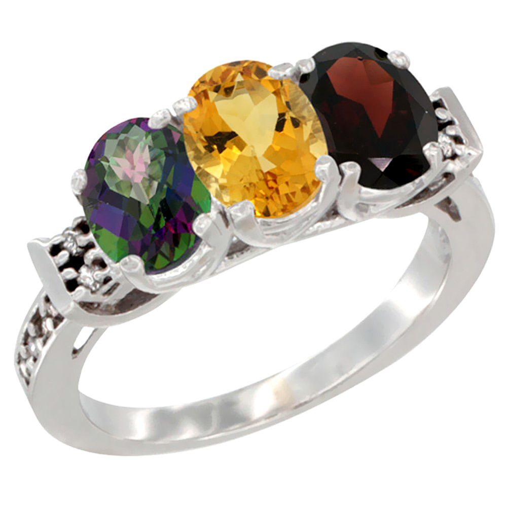 14K White Gold Natural Mystic Topaz, Citrine & Garnet Ring 3-Stone Oval 7x5 mm Diamond Accent, sizes 5 - 10