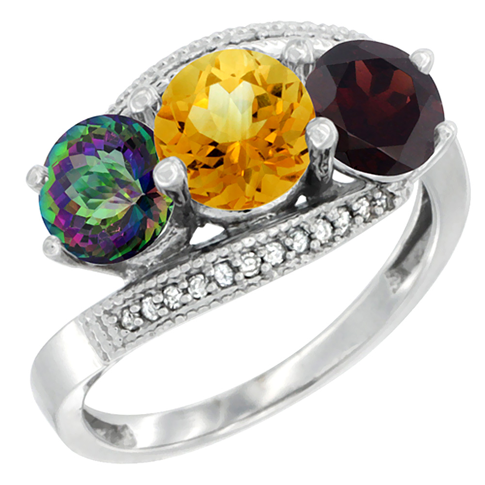 14K White Gold Natural Mystic Topaz, Citrine &amp; Garnet 3 stone Ring Round 6mm Diamond Accent, sizes 5 - 10