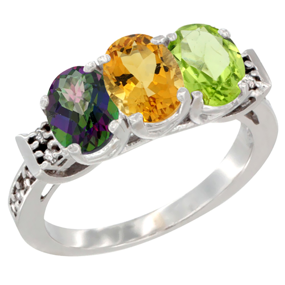 14K White Gold Natural Mystic Topaz, Citrine & Peridot Ring 3-Stone Oval 7x5 mm Diamond Accent, sizes 5 - 10