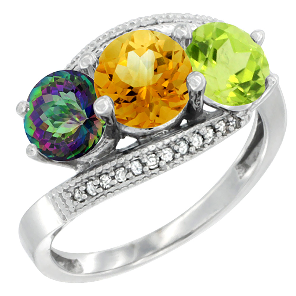 10K White Gold Natural Mystic Topaz, Citrine & Peridot 3 stone Ring Round 6mm Diamond Accent, sizes 5 - 10