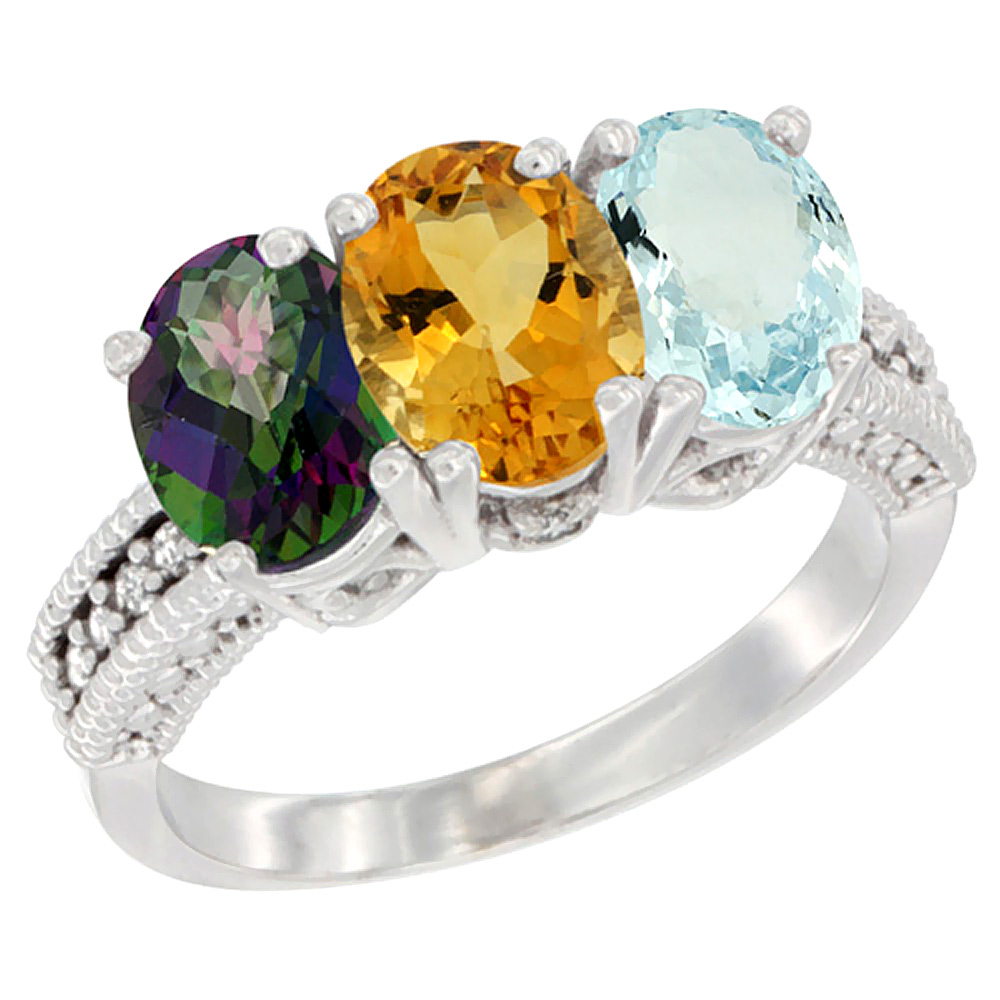 10K White Gold Natural Mystic Topaz, Citrine & Aquamarine Ring 3-Stone Oval 7x5 mm Diamond Accent, sizes 5 - 10