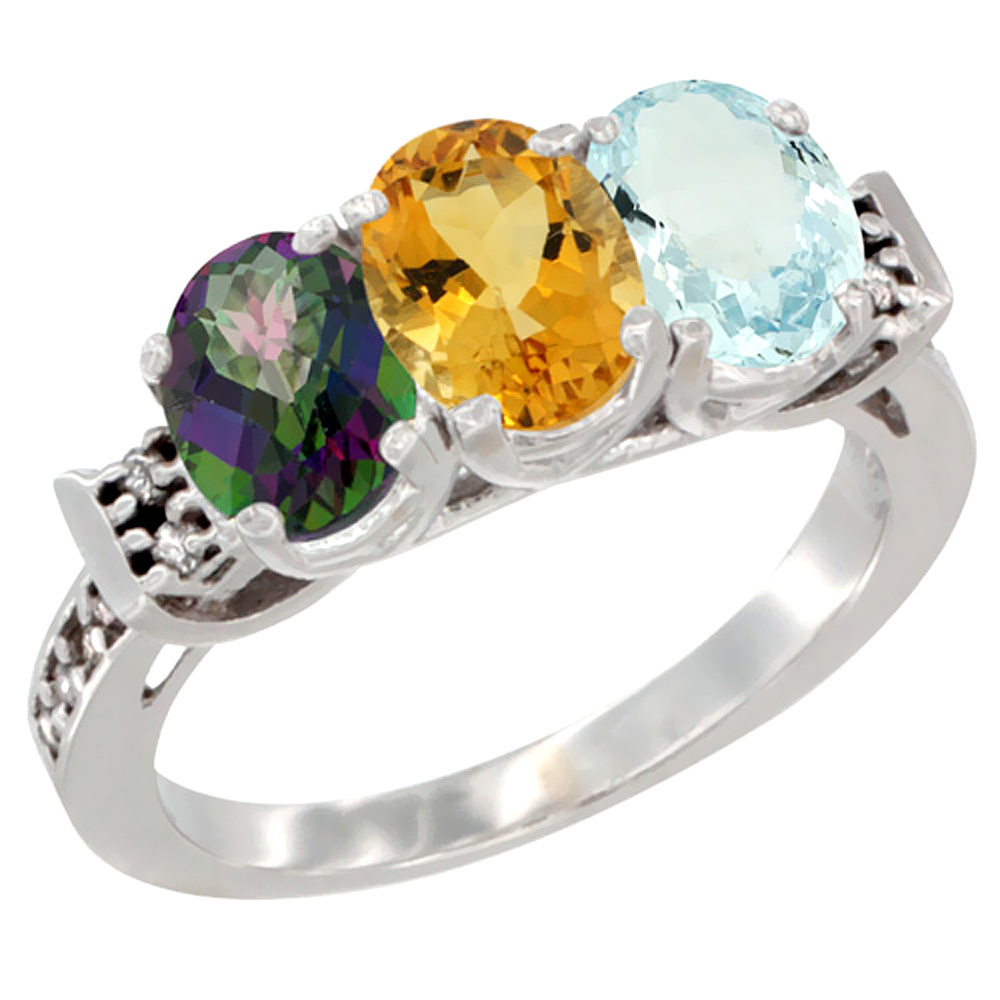 10K White Gold Natural Mystic Topaz, Citrine & Aquamarine Ring 3-Stone Oval 7x5 mm Diamond Accent, sizes 5 - 10