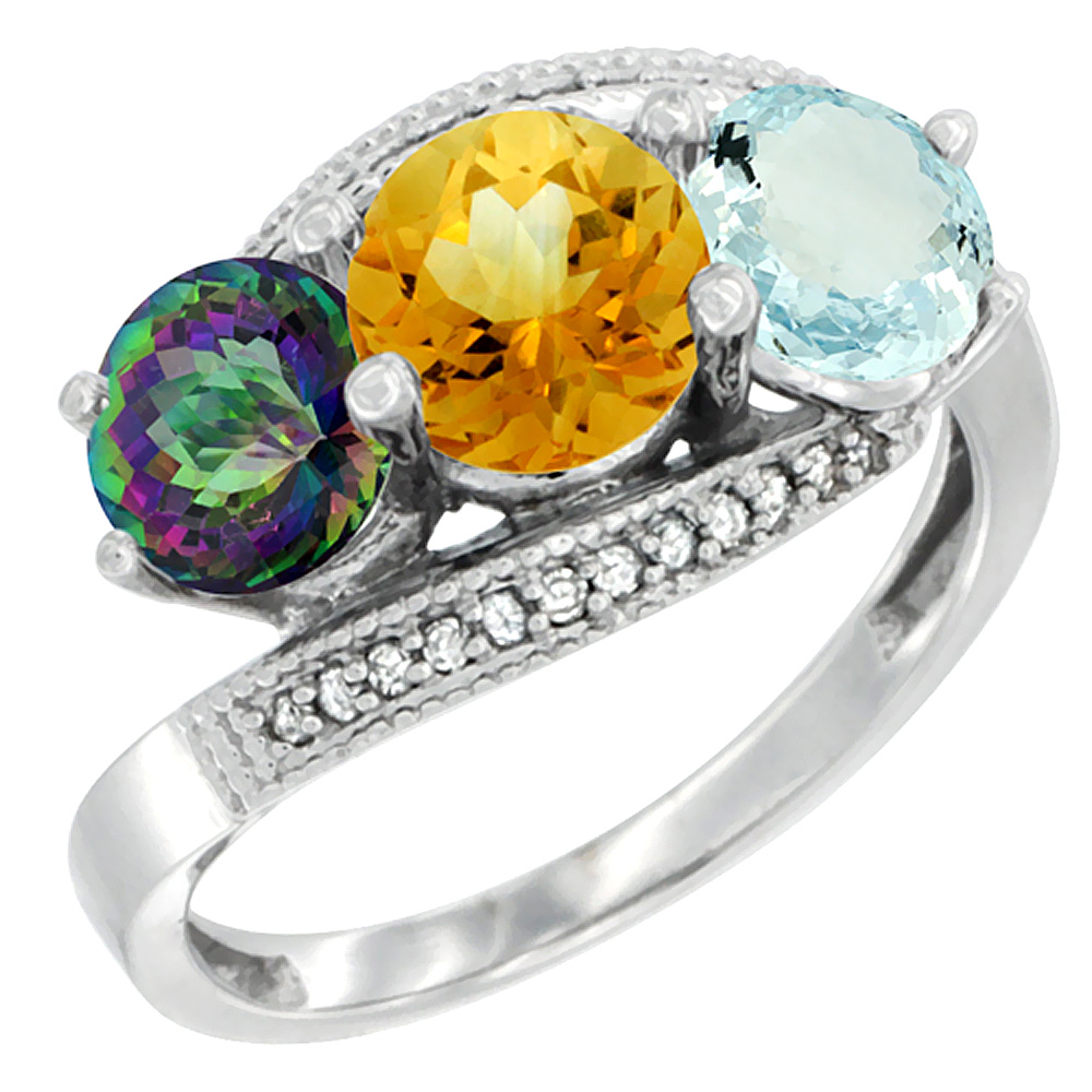 14K White Gold Natural Mystic Topaz, Citrine & Aquamarine 3 stone Ring Round 6mm Diamond Accent, sizes 5 - 10