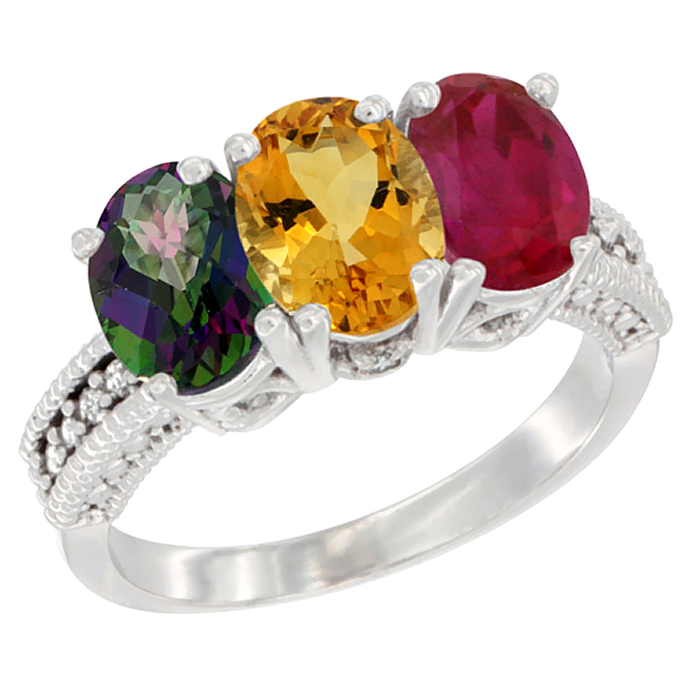 14K White Gold Natural Mystic Topaz, Citrine &amp; Enhanced Ruby Ring 3-Stone 7x5 mm Oval Diamond Accent, sizes 5 - 10