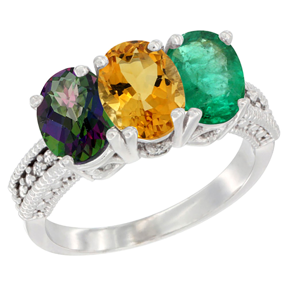 14K White Gold Natural Mystic Topaz, Citrine & Emerald Ring 3-Stone 7x5 mm Oval Diamond Accent, sizes 5 - 10