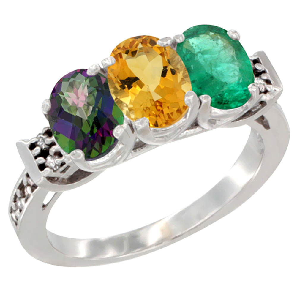 10K White Gold Natural Mystic Topaz, Citrine & Emerald Ring 3-Stone Oval 7x5 mm Diamond Accent, sizes 5 - 10