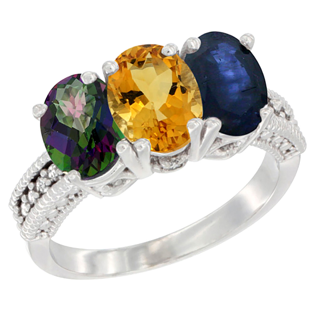 14K White Gold Natural Mystic Topaz, Citrine &amp; Blue Sapphire Ring 3-Stone 7x5 mm Oval Diamond Accent, sizes 5 - 10