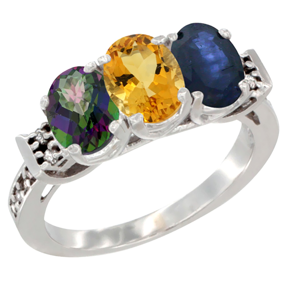 10K White Gold Natural Mystic Topaz, Citrine & Blue Sapphire Ring 3-Stone Oval 7x5 mm Diamond Accent, sizes 5 - 10