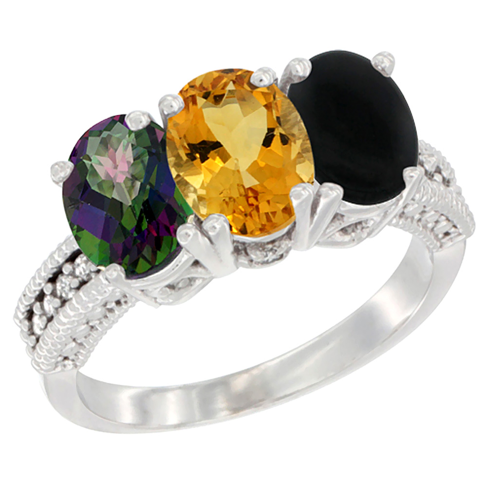 14K White Gold Natural Mystic Topaz, Citrine & Black Onyx Ring 3-Stone 7x5 mm Oval Diamond Accent, sizes 5 - 10