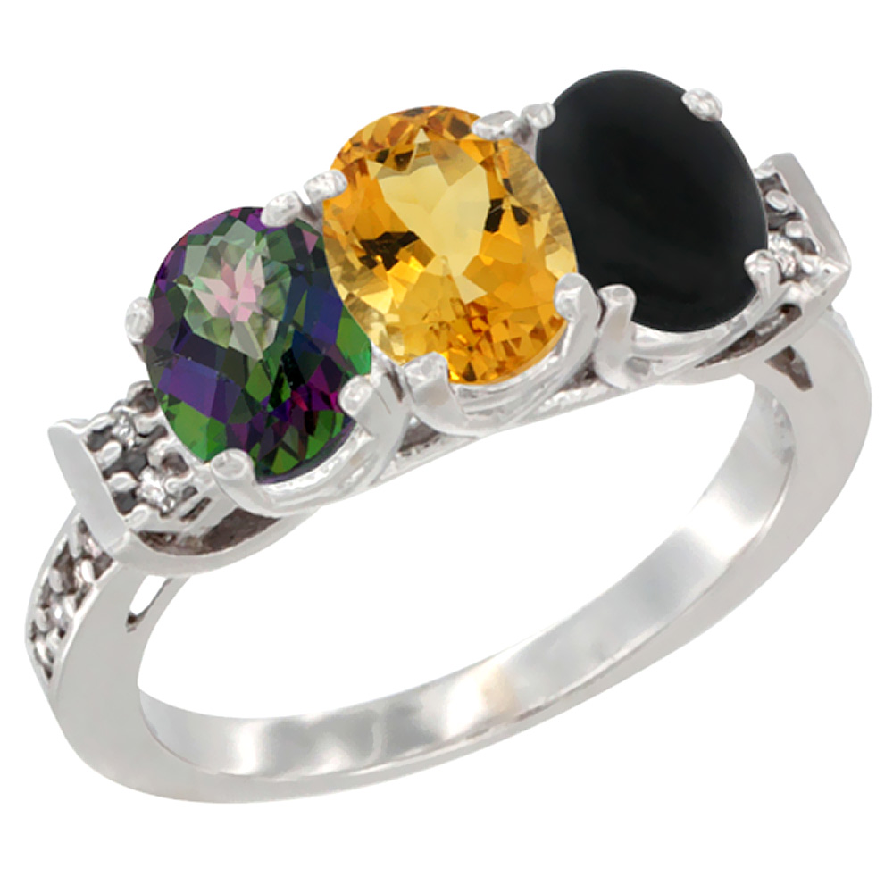 14K White Gold Natural Mystic Topaz, Citrine & Black Onyx Ring 3-Stone Oval 7x5 mm Diamond Accent, sizes 5 - 10