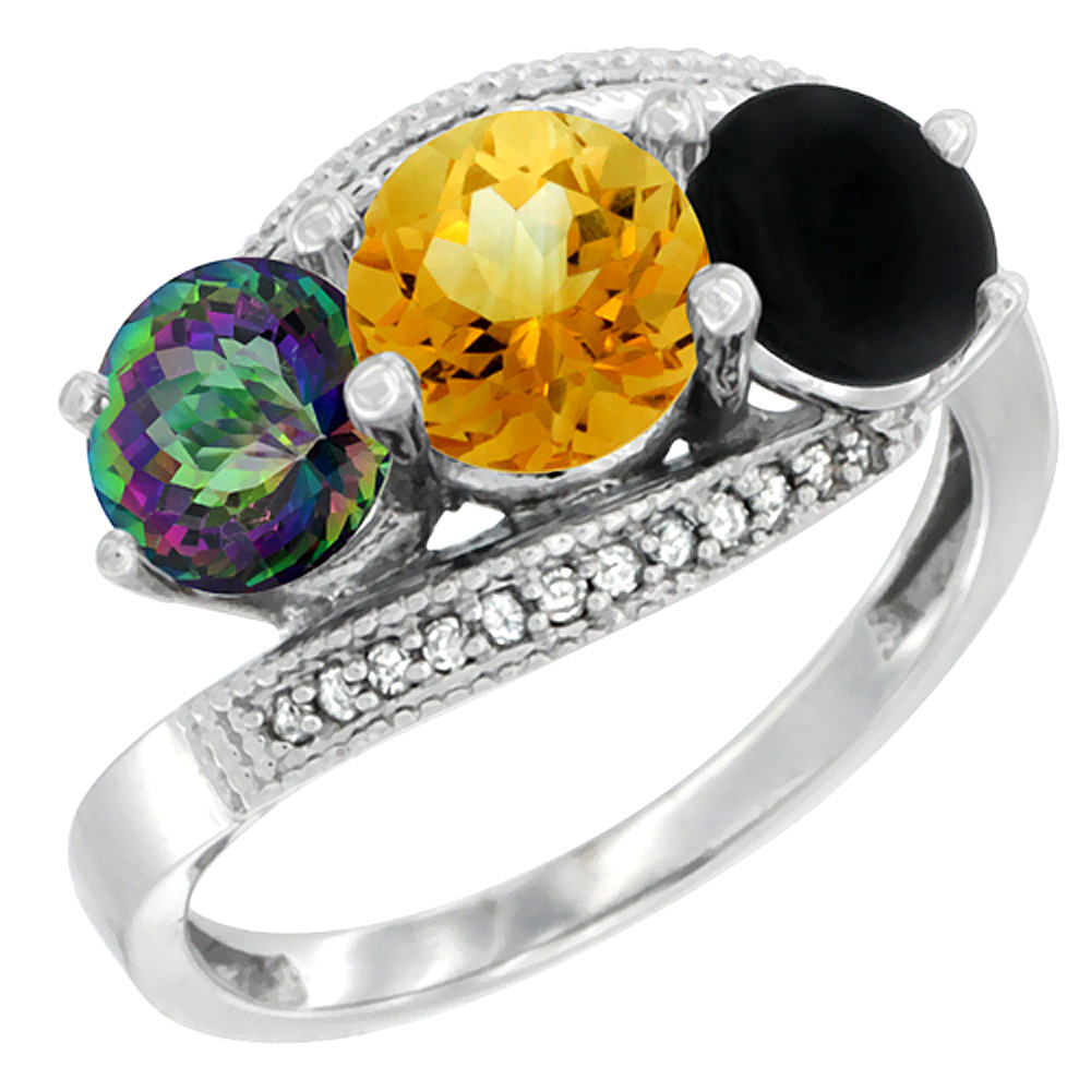 14K White Gold Natural Mystic Topaz, Citrine & Black Onyx 3 stone Ring Round 6mm Diamond Accent, sizes 5 - 10